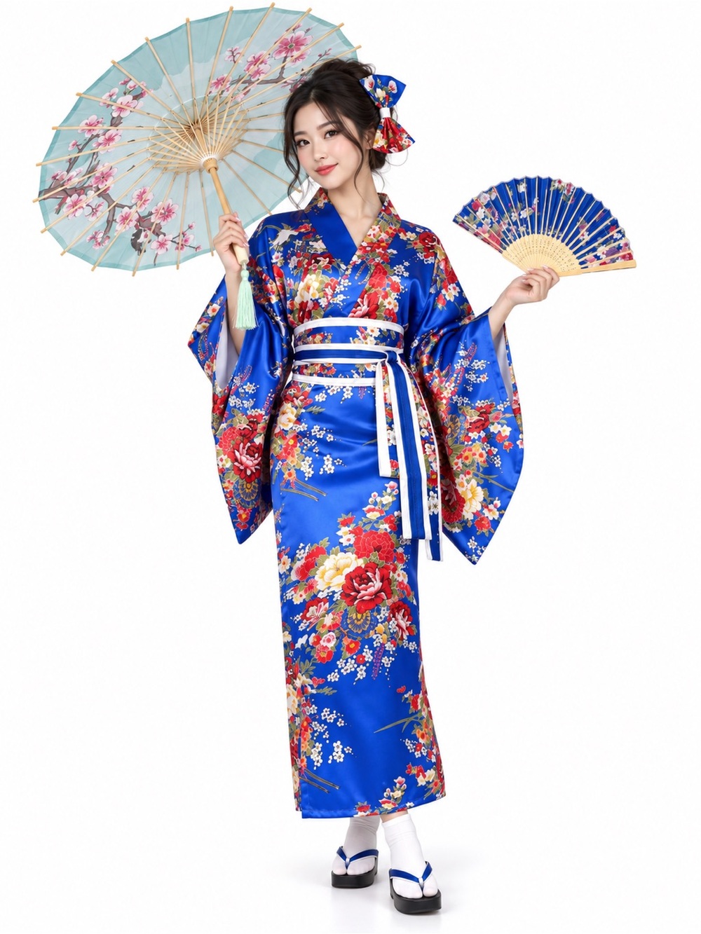 Japanese Halloween Costume 🎃 Blue Floral Satin Silk Kimono Robe 👘 Size S-M